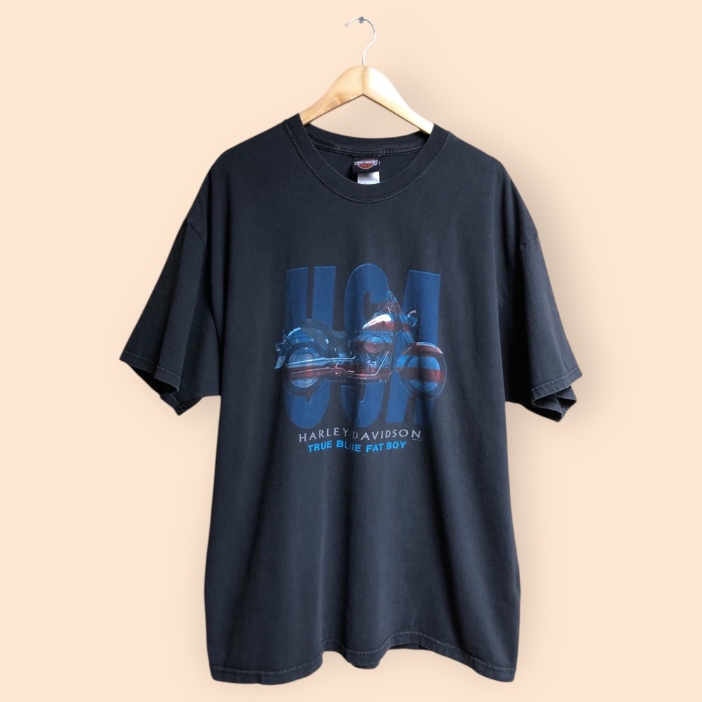 Vintage Y2K 2000-2001 Harley Davidson True Blue Fat Boy USA T-shirt MENS 2XL